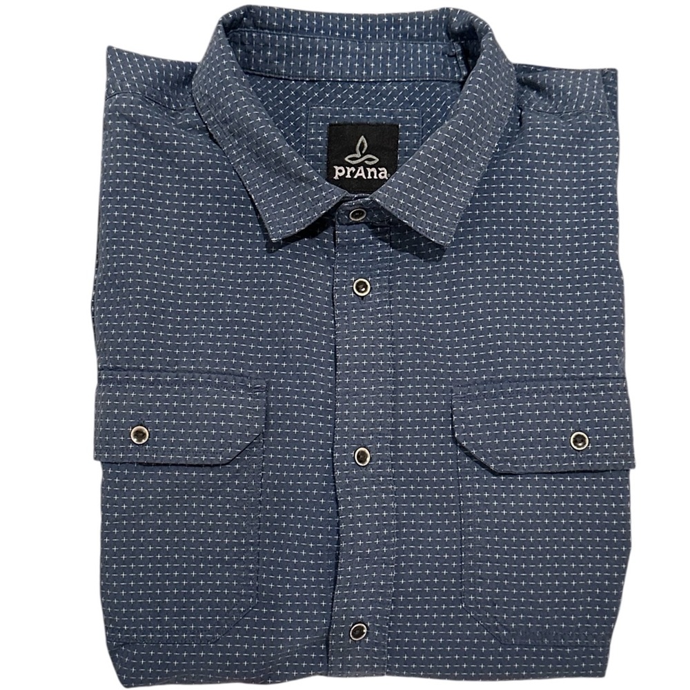 Prana Blakely Blue Micro Dotted Geometric Button Up Down Short Sleeve Shirt XXL